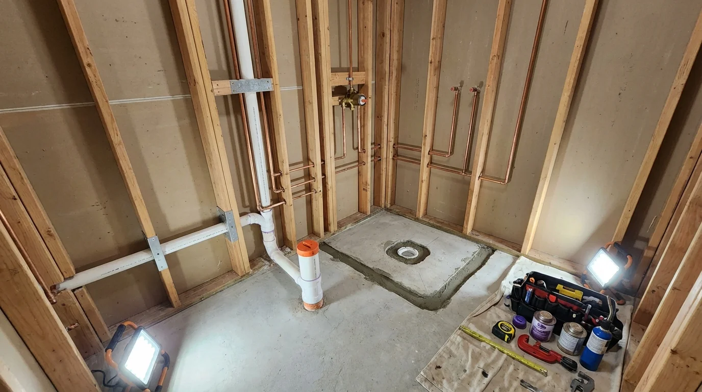 Bathroom rough-in plumbing during remodel by Johns Plumbing LLC in Capitan