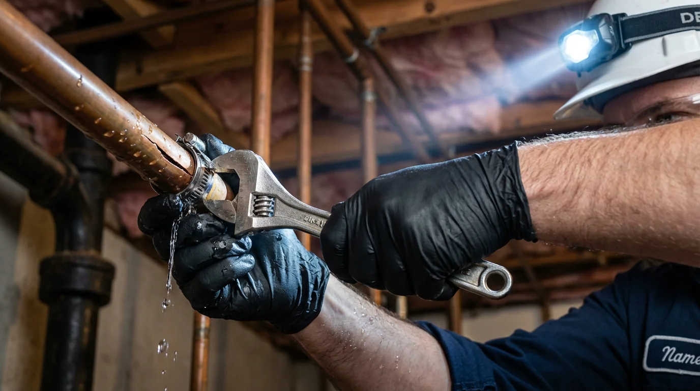 Emergency pipe clamp repair being performed by a Johns Plumbing LLC plumber in Capitan