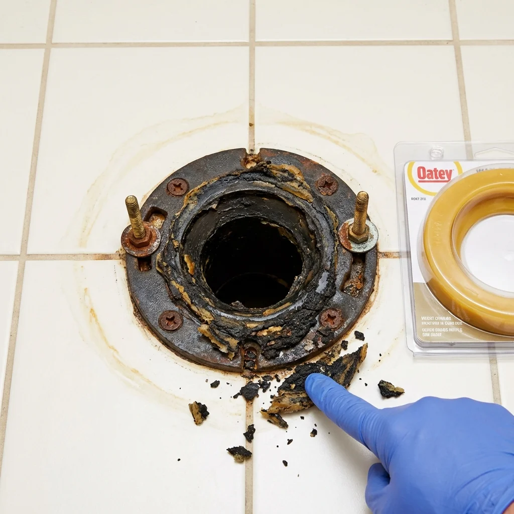 Failed wax ring showing water seepage at the base of a toilet in a Capitan, NM home